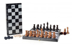 Игра 2в1 малая черная, рисунок серебро с гроссмейстерскими буковыми шахматами (шашки, шахматы) "Клас